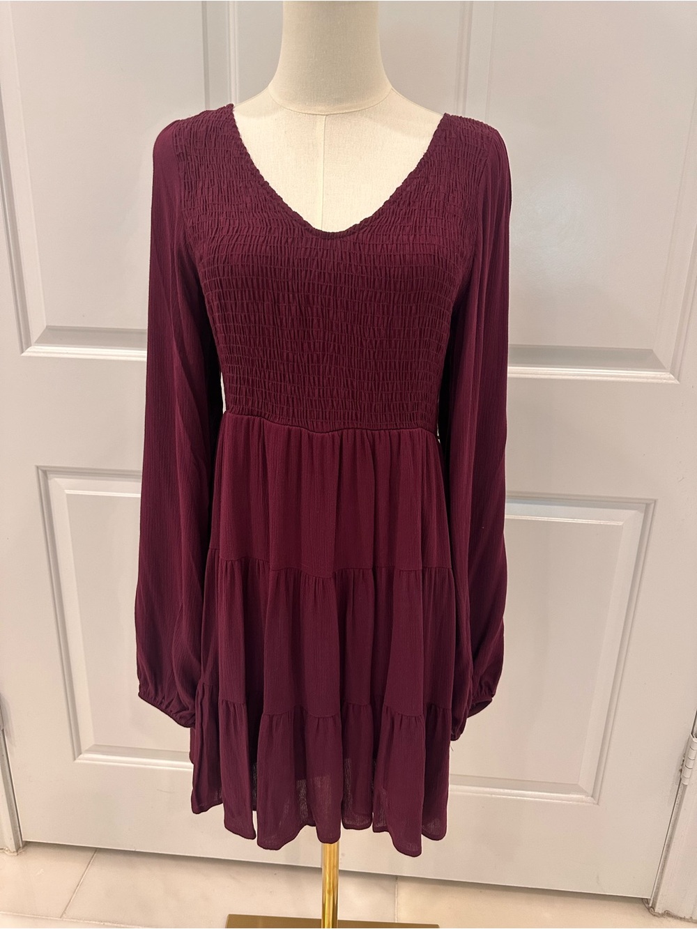 Altar’d State Burgundy Smocked Tiered Mini Dress Boho Long Sleeve VNeck Babydoll